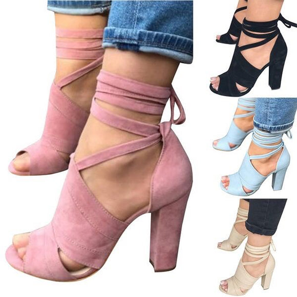 Suede cross strap block heels