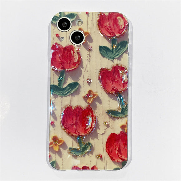 Small fresh tulip x suitable for Apple 13Pro Max mobile phone case iphone11 flash drill 12 drops of glue XR