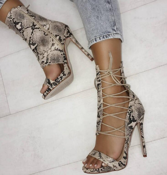 Cross straps snake skin sandals